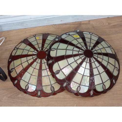 381 - A wrought iron Lamp with Tiffany style leaded glass shade and another Shade, failed PAT