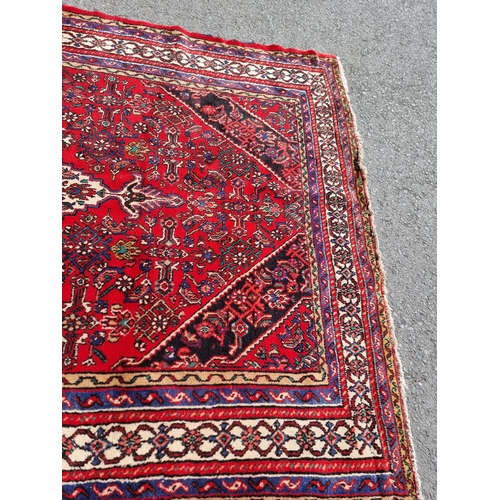 4 - An Iranian bordered Rug with stylised floral designs on a red ground, 10ft 4in x 6ft 9in