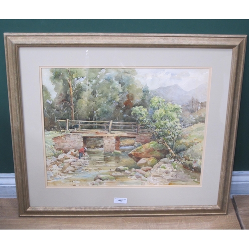 403 - MARY CLARKE. 'By a Stream', signed, watercolour, 16½  x 21in; two watercolours by Paul Bartram depic... 