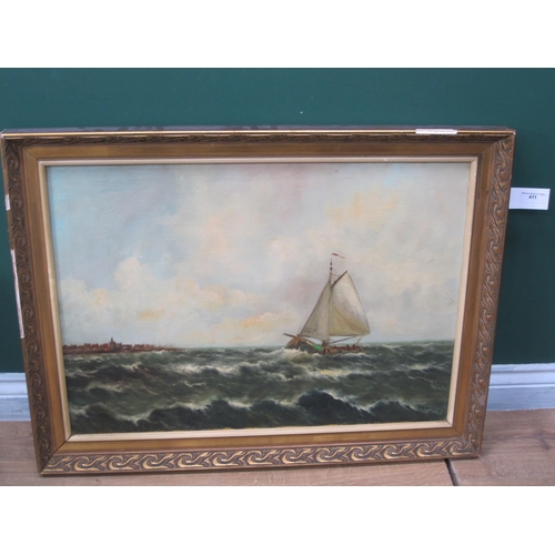 411 - DUTCH SCHOOL. A sailing boat off a coastal town, Holland, oil on canvas, 19½ x 27in; an oil painting... 