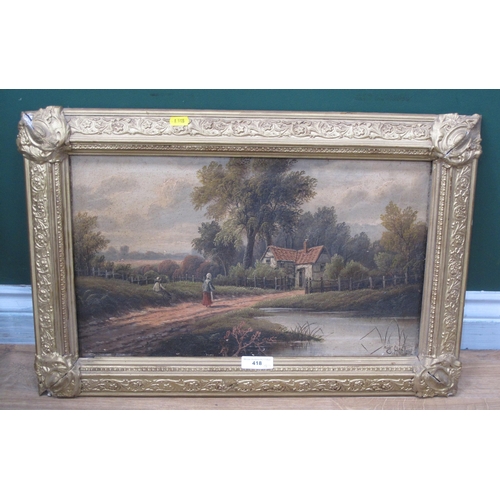 418 - ETTY HORTON. By a river; and Figures on a track by a pond, signed, oil on canvas, 12 x 20½in; a pair... 