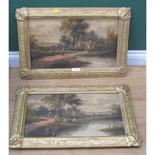 418 - ETTY HORTON. By a river; and Figures on a track by a pond, signed, oil on canvas, 12 x 20½in; a pair... 