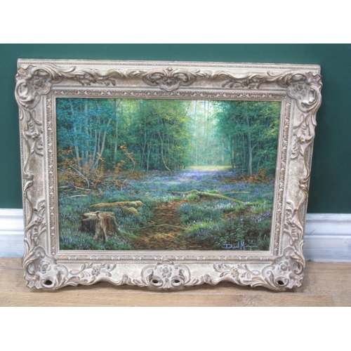 434 - D.M. By a River; In a Bluebell Wood; On a Forest Path, signed indistinctly, oil on canvas, 12 x 16in... 