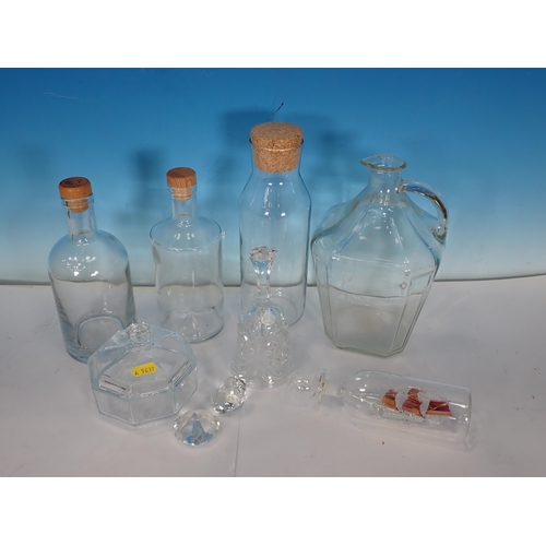 452 - Three boxes of Drinking Glasses, glass Bottles, Bells, stone Dishes and Ceramics