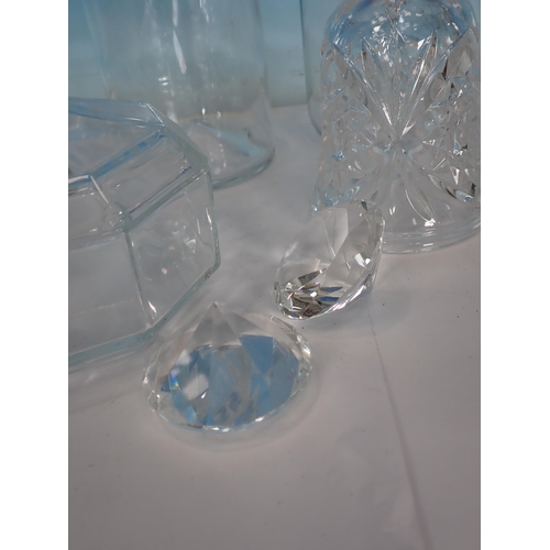 452 - Three boxes of Drinking Glasses, glass Bottles, Bells, stone Dishes and Ceramics