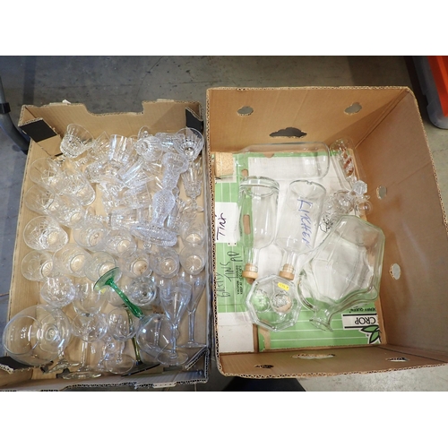 452 - Three boxes of Drinking Glasses, glass Bottles, Bells, stone Dishes and Ceramics