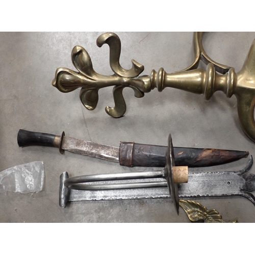 467 - A pair of brass Fire Irons, pewter Wall Sconce, brass Candlesticks, etc.