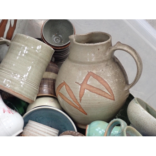 468 - Two boxes of Pottery including square section Vase, Jugs, Plates, etc.