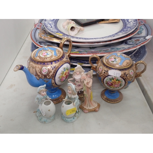 485 - Five Meat Plates, Tea Pot, lidded Vase (both A/F) and Figurines