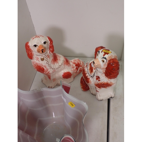 519 - Two glass Handkerchief Vases, 6 1/2in H, and two Staffordshire seated Spaniels, 9 1/2in H