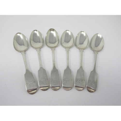 53 - Six Victorian silver Teaspoons fiddle pattern engraved initials, Exeter 1851, maker: W.R. Sobey