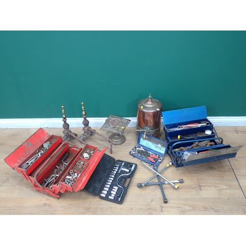 555 - A pair of Fire Dogs, copper Samovar, Trivet Stand and various Tools and Tool Boxes