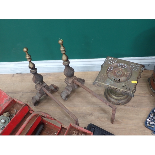 555 - A pair of Fire Dogs, copper Samovar, Trivet Stand and various Tools and Tool Boxes