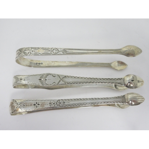 56 - Three pairs of Georgian silver bright-cut Sugar Tongs, one pair by Bateman