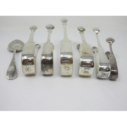 57 - Six pairs of silver Sugar Tongs, and a Victorian Jam Spoon, Sheffield 1894