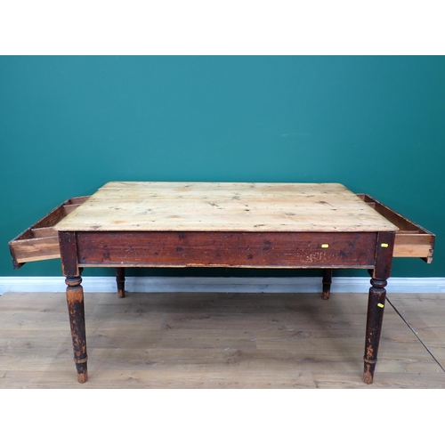 572 - A Victorian pine scrub top Kitchen Table on stained base with turned supports 4ft 7in W x 2ft 5in H