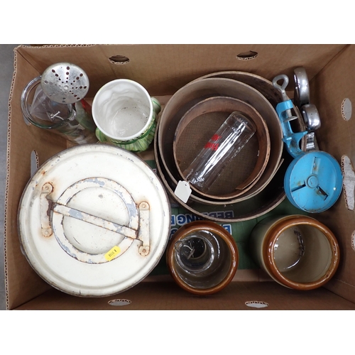 577 - Two boxes of Kitchen items including 'Rapid' Vacuum Ice Cream Freezer, Spong Bean Slicer, Sieves, et... 