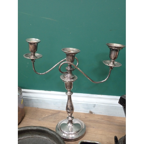 582 - Three antique metal Cooking Pans, a plated three branch Candelabra, pair of plated Salts with blue g... 