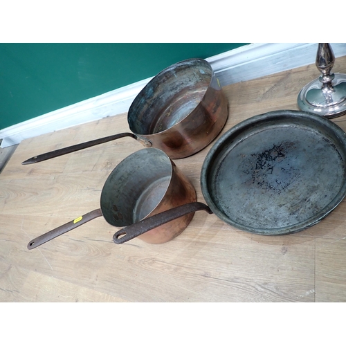 582 - Three antique metal Cooking Pans, a plated three branch Candelabra, pair of plated Salts with blue g... 