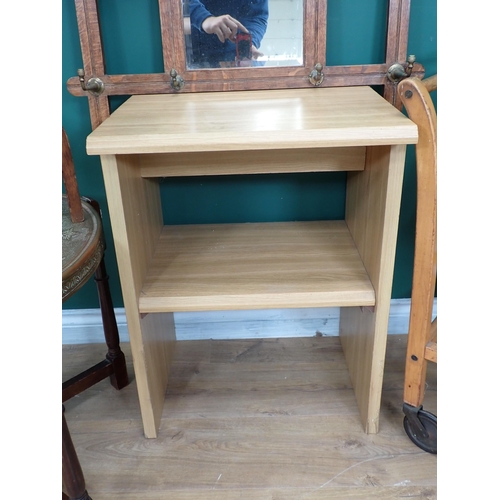 593 - A walnut Trolley, brass topped Table, oak Occasional Table, Mirror/Coat Rack and Side Table Unit