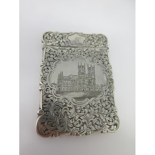 64 - A Victorian silver Card Case finely engraved  Westminster Cathedral, birds and fountain to reverse, ... 