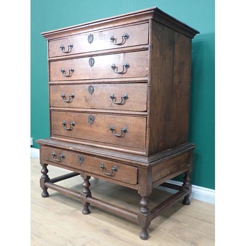 644 - An 18th Century and later oak Chest on stand with five long drawers, 3ft 2in W x 4ft 1in H