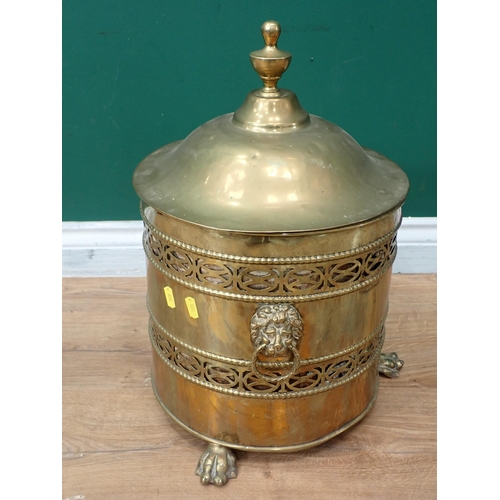 647 - A brass Coal Bin with lion mask ring handles, 19in H