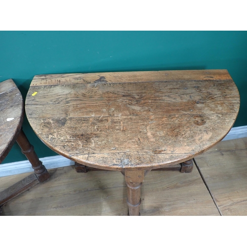 659 - A pair of oak Credence Tables with turned supports and squared stretchers, 2ft 11in W