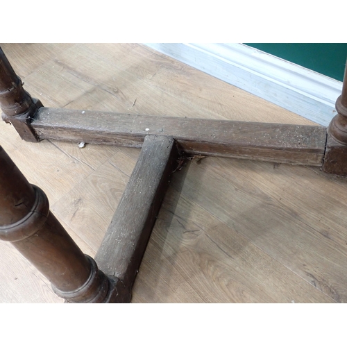 659 - A pair of oak Credence Tables with turned supports and squared stretchers, 2ft 11in W