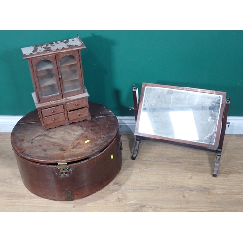 689 - A 19th Century mahogany Hat Box 19in Diam, a miniature glazed Dresser 14in H, and a Dressing Mirror