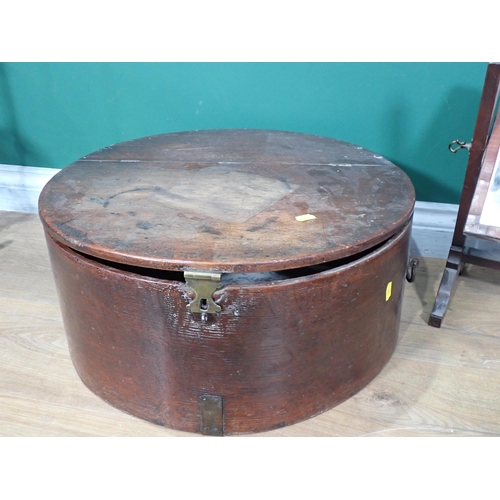 689 - A 19th Century mahogany Hat Box 19in Diam, a miniature glazed Dresser 14in H, and a Dressing Mirror