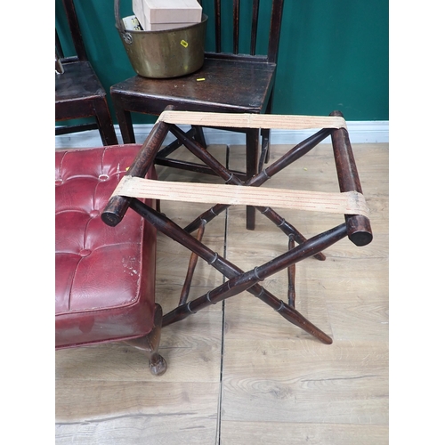 696 - A folding Luggage Stand, a pair of oak Chairs, a rush seated Chair, a Stool, a Jam Pan, Tankard etc