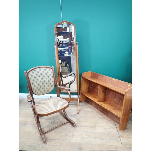 707 - A mahogany cheval Mirror, bentwood Rocking Chair with cane infill, pine Bookcase, lacquered Bedroom ... 