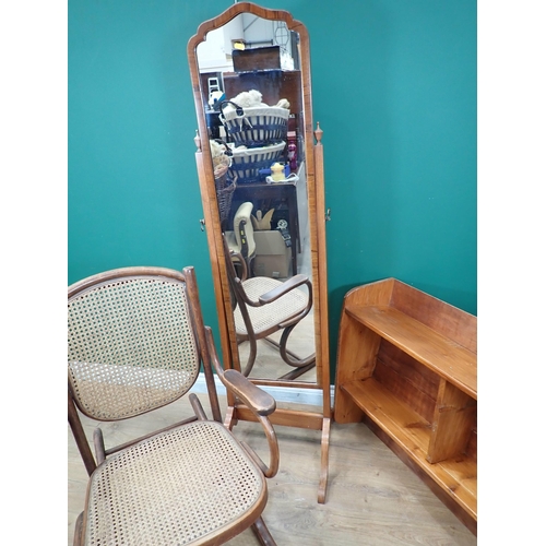 707 - A mahogany cheval Mirror, bentwood Rocking Chair with cane infill, pine Bookcase, lacquered Bedroom ... 