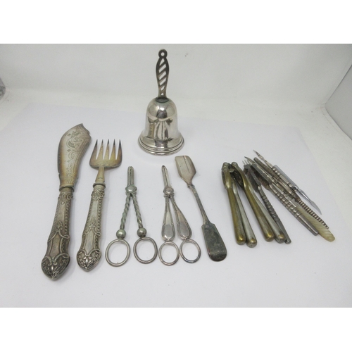 71 - A pair of plated Fish Servers, two pairs of Grape Scissors, Stilton Scoop, Nut Crackers, numerous Co... 