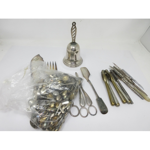 71 - A pair of plated Fish Servers, two pairs of Grape Scissors, Stilton Scoop, Nut Crackers, numerous Co... 