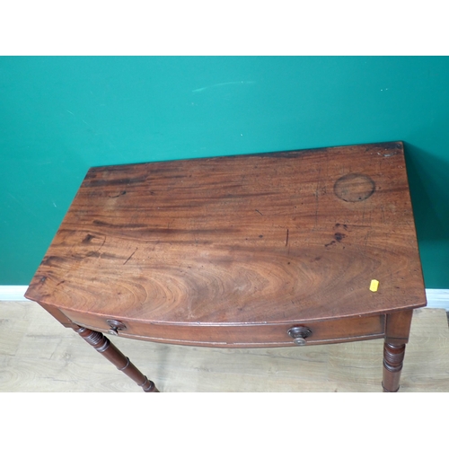 724 - A 19th Century mahogany bow fronted Side Table fitted single drawer on turned and tapering supports ... 