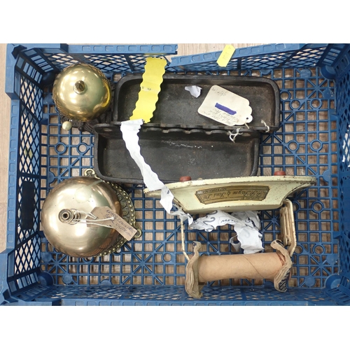 726 - Two brass Counter Bells, a pair of cast iron Pew Fittings, metal Twine Holder and a collection of Nu... 