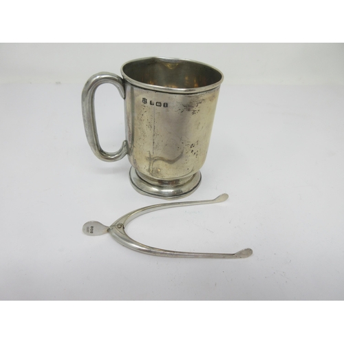 74 - A George V silver Christening Mug, engraved initials, Birmingham 1911, and a pair of wishbone Sugar ... 