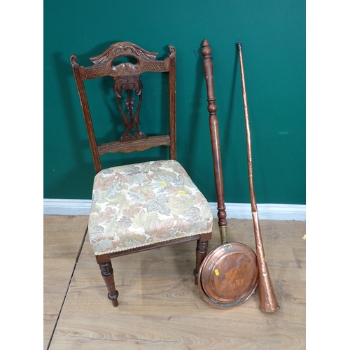 743 - A Victorian Chair, copper Coaching Horn and a Warming Pan