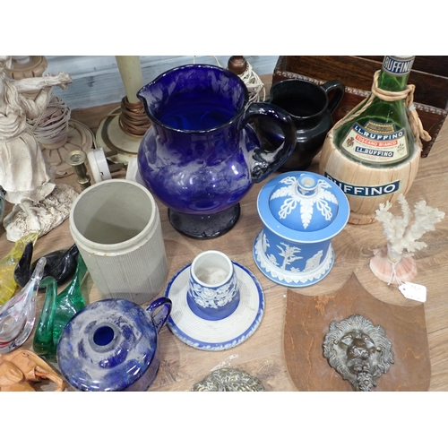 765 - Two boxes, Table Lamps, failed PAT, a blue glass Jug, a mahogany Box, etc