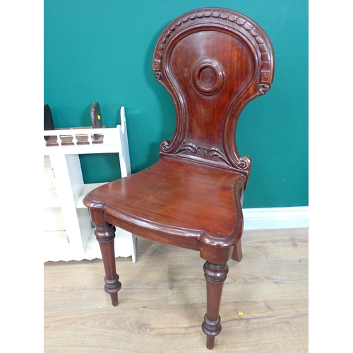 769 - A Victorian mahogany Hall Seat, a child's rush seated Elbow Chair, a cane panelled Folding Chair, a ... 