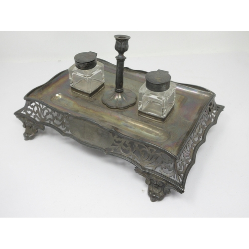 80 - A Victorian silver rectangular Inkstand, fitted pair of silver-lidded square glass inkwells flanking... 