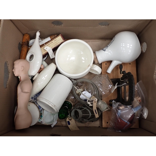 812 - Two boxes including ceramic Baby Feeders, plastic Medical Model, Tremill Treatment Machine, etc.