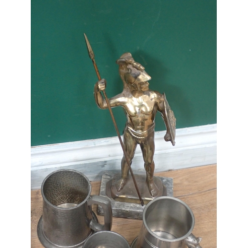 813 - A metal Figure of a Gladiator, brass Horse and Cart, pewter Tankards, etc.