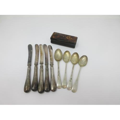 7 - Four silver Teaspoons, old English pattern, various dates, five Dessert Knives and a papier mache Sn... 