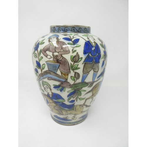 11 - A Persian pottery baluster Vase painted figures hunting on horseback, 10in