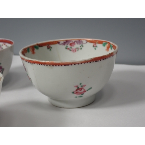 220 - An 18th Century Worcester Tea Cup with Apple, Gooseberry and Peach design, two Caughley Tea Bowls wi... 