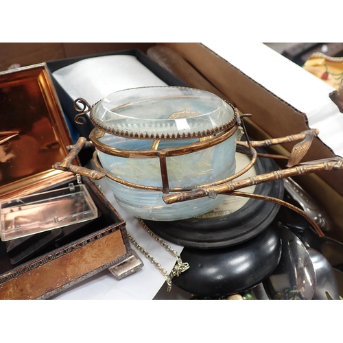 248 - A box of assorted items including Chamberstick, Engraving, pair of Candlesticks, etc.