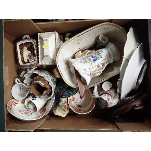 333 - A box of ceramics including India Jane Jardiniere, Caughley type Saucer, Beswick Parrot A/F, etc.